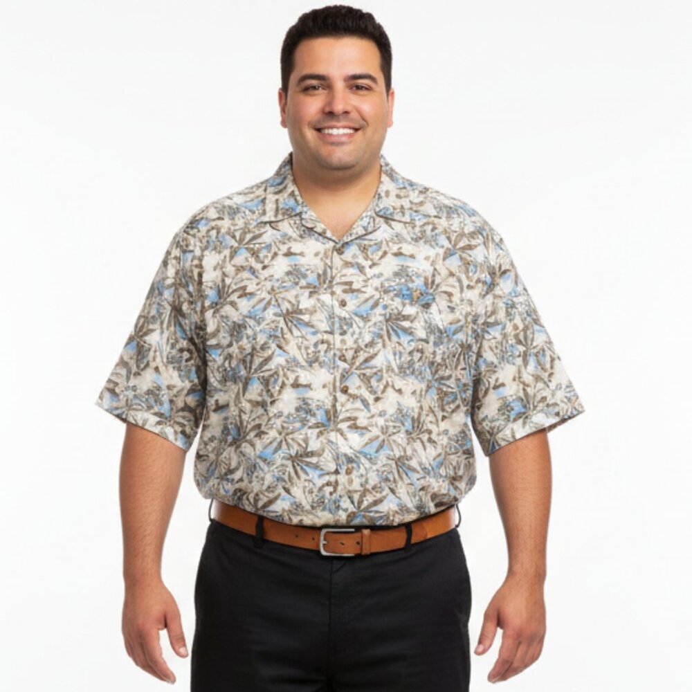 Caribbean Tan & Blue Palm Tree Print Short Sleeve Button Up Shirt 2XT